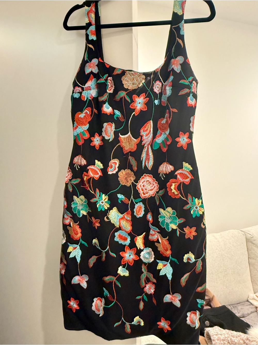 Nicole Miller Black Mini Dress with Multicolor Floral Embroidery